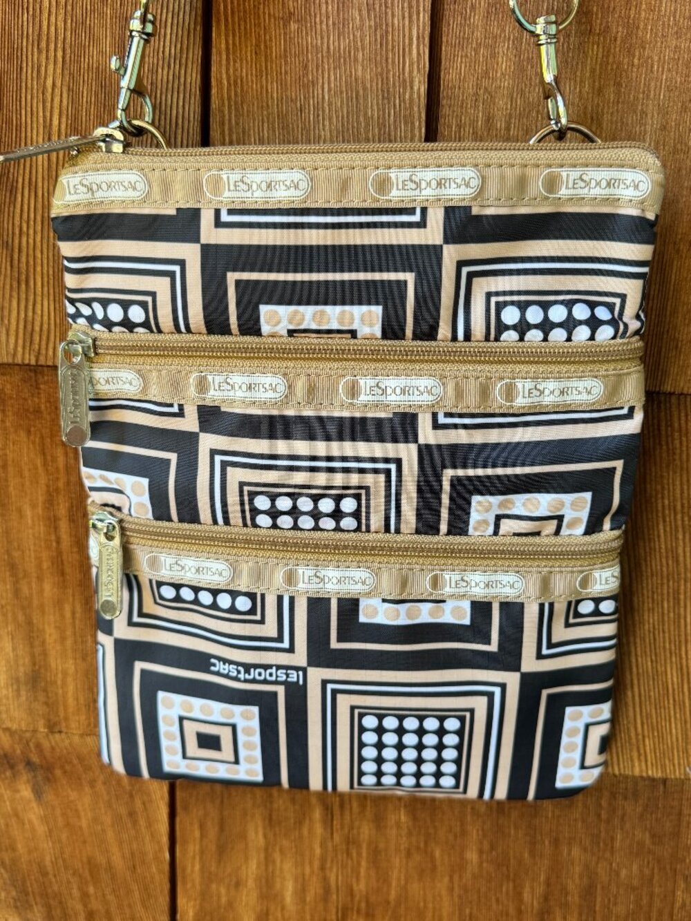 Like New Lesportsac Black/Tan/White Geometric Print Cross-Body - 7.5"W x 9.5" T